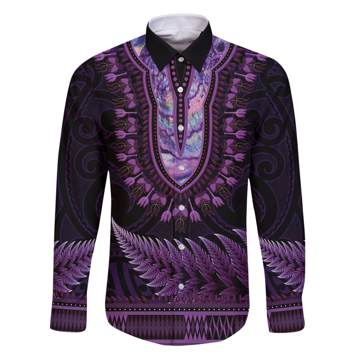 Purple African Dashiki With Aotearoa Maori Family Matching Summer Maxi Dress and Hawaiian Shirt Paua Shell Mix Silver Fern LT14 Dad's Shirt - Long Sleeve Purple - Polynesian Pride