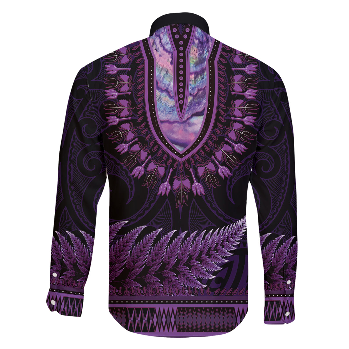 Purple African Dashiki With Aotearoa Maori Family Matching Summer Maxi Dress and Hawaiian Shirt Paua Shell Mix Silver Fern LT14 - Polynesian Pride