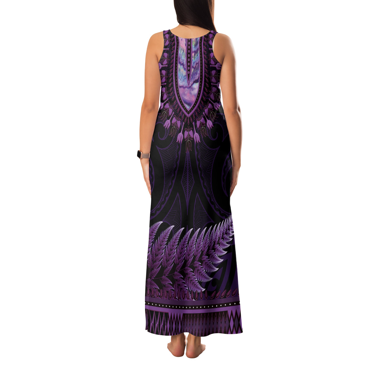 Purple African Dashiki With Aotearoa Maori Family Matching Tank Maxi Dress and Hawaiian Shirt Paua Shell Mix Silver Fern LT14 - Polynesian Pride