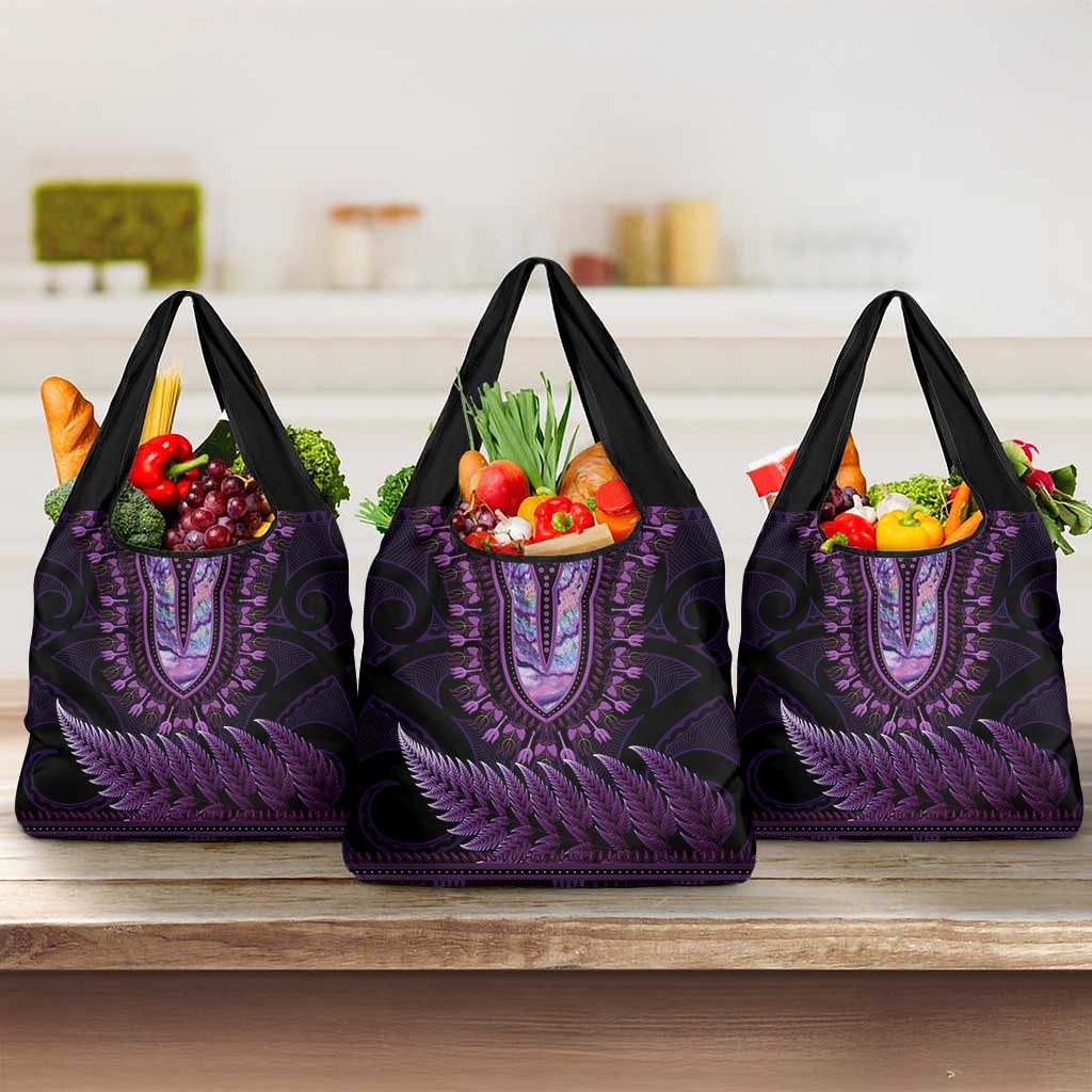 Purple African Dashiki With Aotearoa Maori Grocery Bag Paua Shell Mix Silver Fern