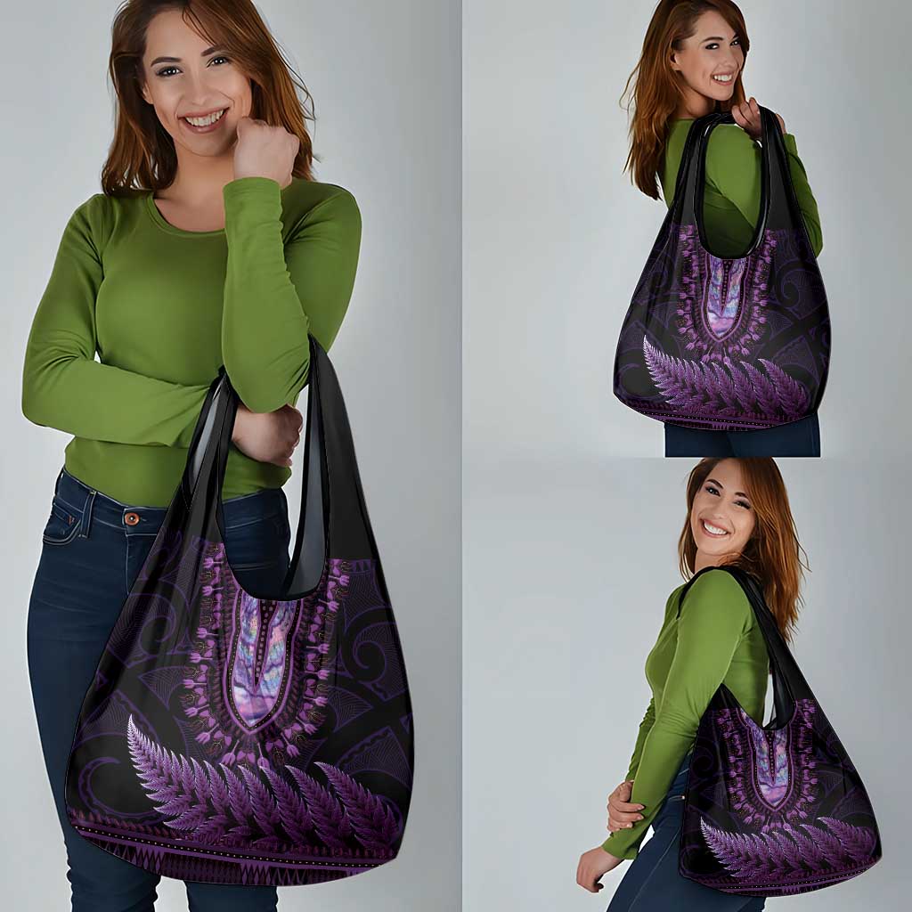 Purple African Dashiki With Aotearoa Maori Grocery Bag Paua Shell Mix Silver Fern