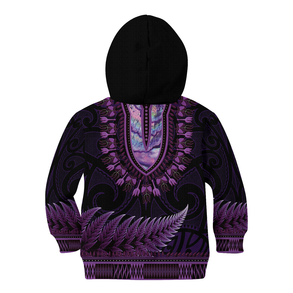 Purple African Dashiki With Aotearoa Maori Kid Hoodie Paua Shell Mix Silver Fern