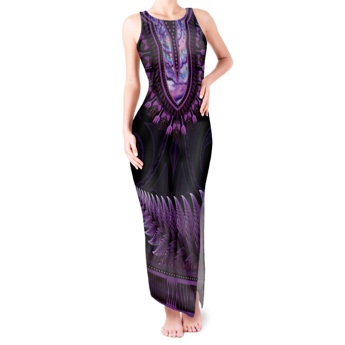 Purple African Dashiki With Aotearoa Maori Tank Maxi Dress Paua Shell Mix Silver Fern