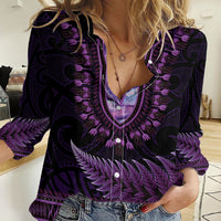 Purple African Dashiki With Aotearoa Maori Women Casual Shirt Paua Shell Mix Silver Fern LT14 Female Purple - Polynesian Pride