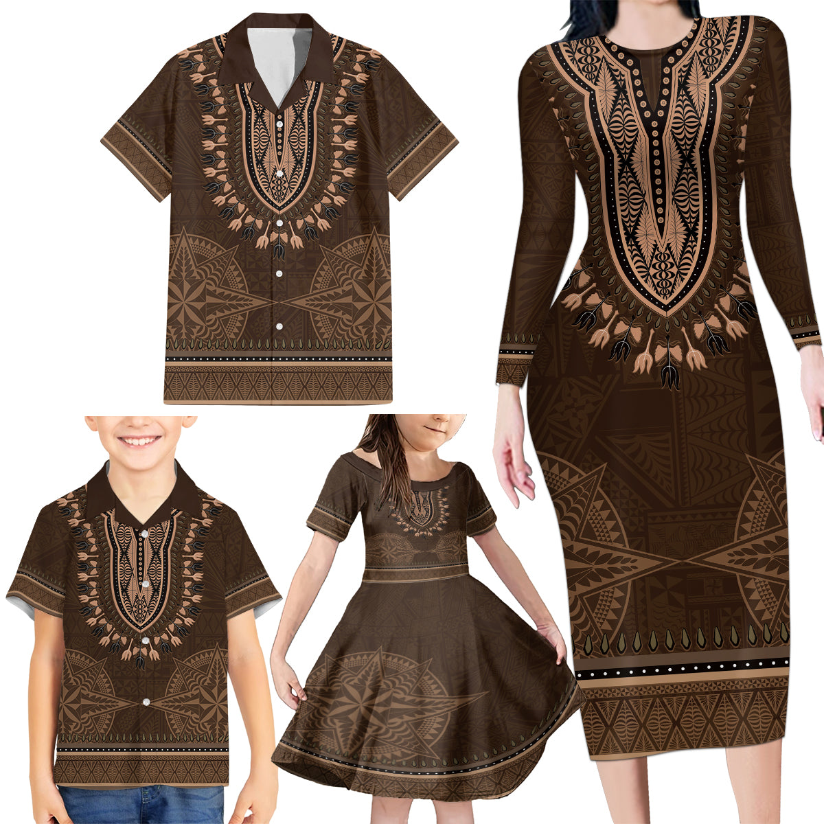 Brown African Dashiki With Tonga Ngatu Pattern Family Matching Long Sleeve Bodycon Dress and Hawaiian Shirt LT14 - Polynesian Pride