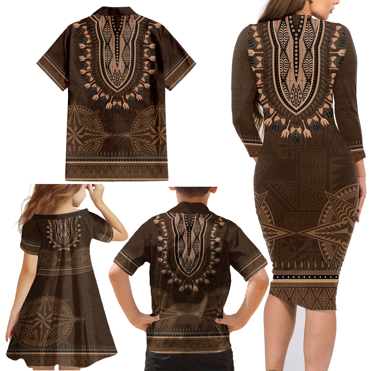 Brown African Dashiki With Tonga Ngatu Pattern Family Matching Long Sleeve Bodycon Dress and Hawaiian Shirt LT14 - Polynesian Pride