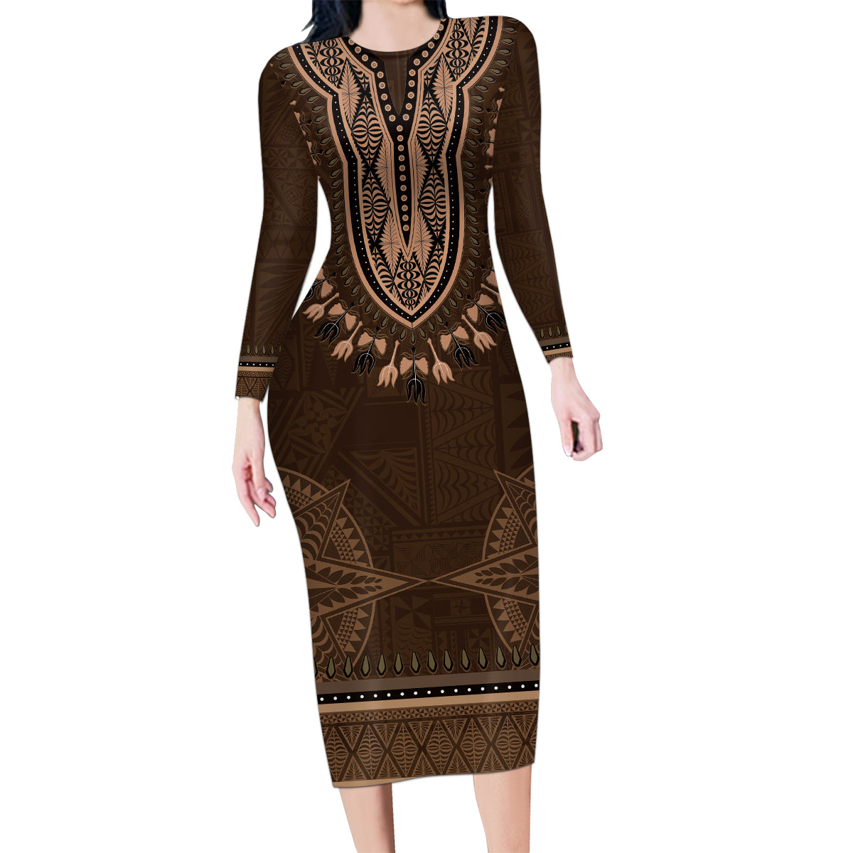 Brown African Dashiki With Tonga Ngatu Pattern Family Matching Long Sleeve Bodycon Dress and Hawaiian Shirt LT14 Mom's Dress Brown - Polynesian Pride