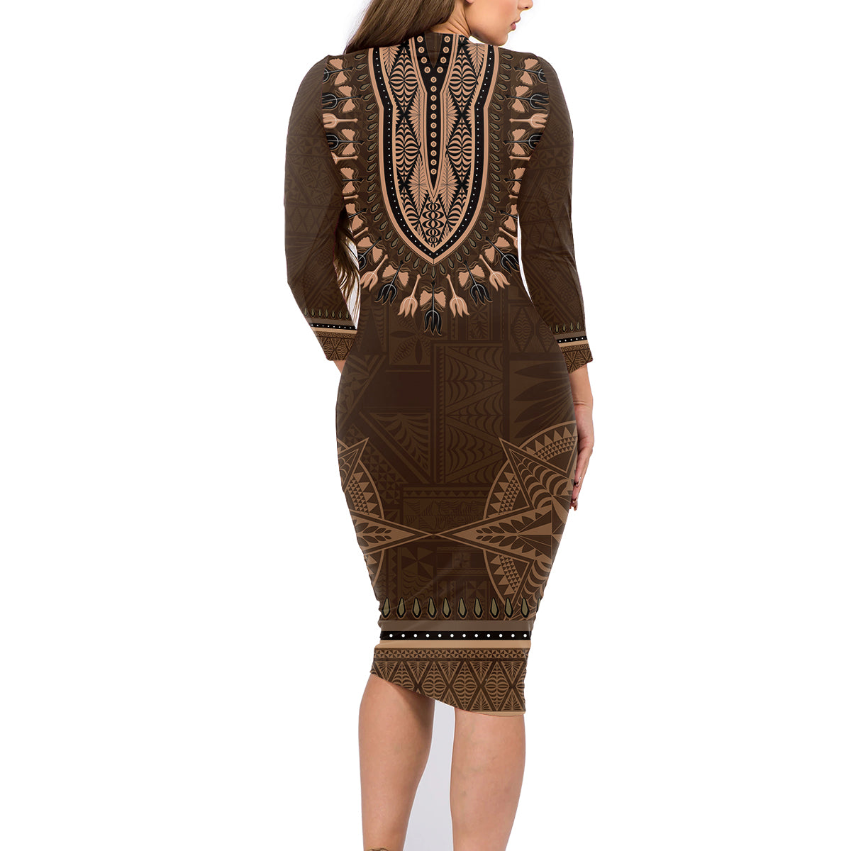 Brown African Dashiki With Tonga Ngatu Pattern Family Matching Long Sleeve Bodycon Dress and Hawaiian Shirt LT14 - Polynesian Pride