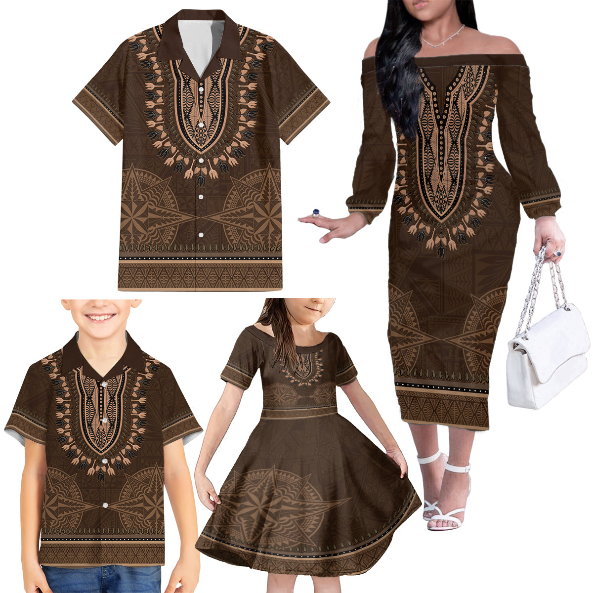 Brown African Dashiki With Tonga Ngatu Pattern Family Matching Off The Shoulder Long Sleeve Dress and Hawaiian Shirt LT14 - Polynesian Pride