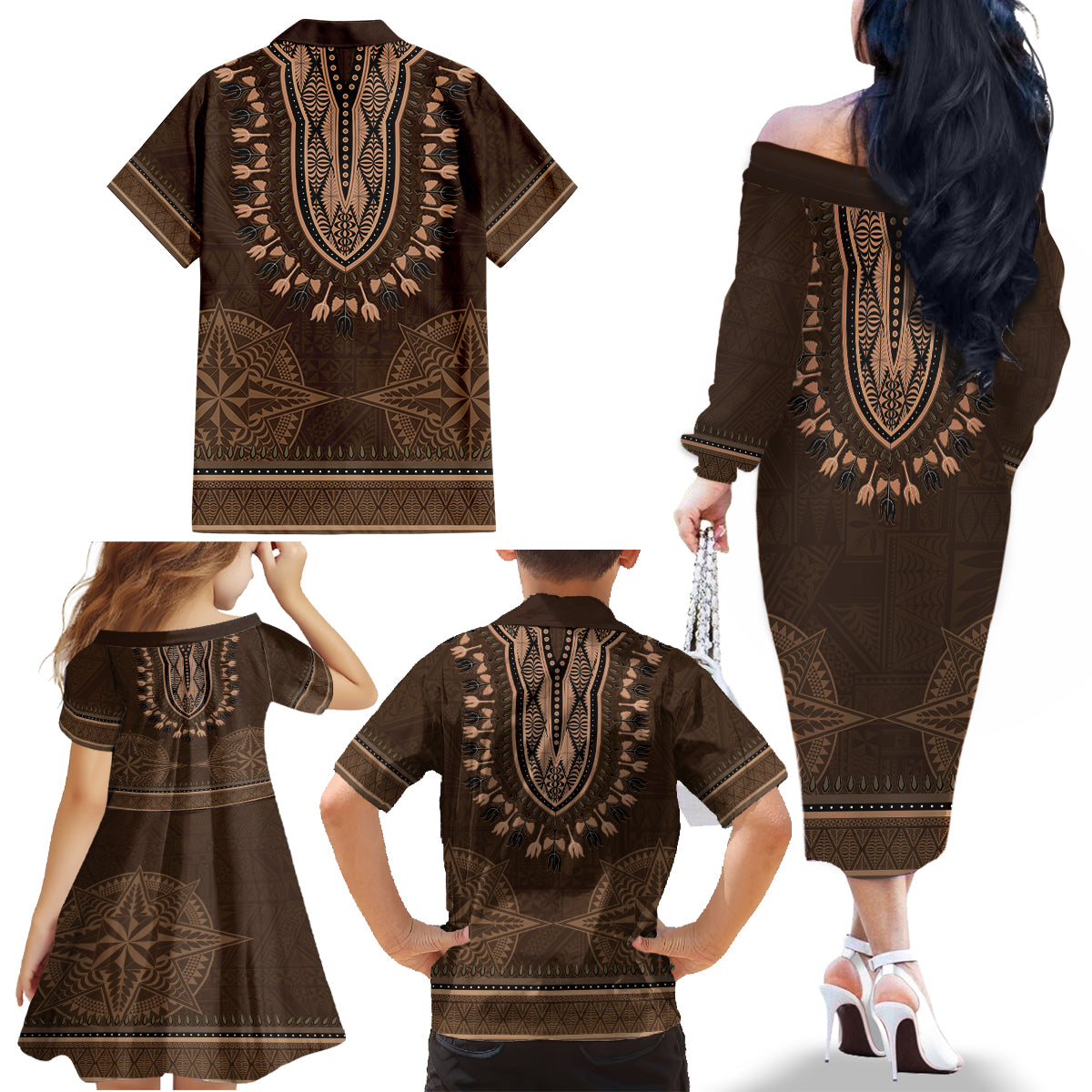 Brown African Dashiki With Tonga Ngatu Pattern Family Matching Off The Shoulder Long Sleeve Dress and Hawaiian Shirt LT14 - Polynesian Pride
