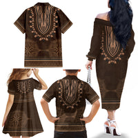 Brown African Dashiki With Tonga Ngatu Pattern Family Matching Off The Shoulder Long Sleeve Dress and Hawaiian Shirt LT14 - Polynesian Pride