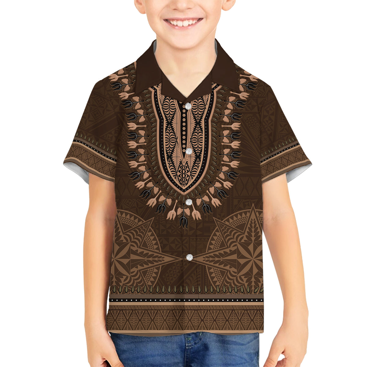 Brown African Dashiki With Tonga Ngatu Pattern Family Matching Off Shoulder Maxi Dress and Hawaiian Shirt