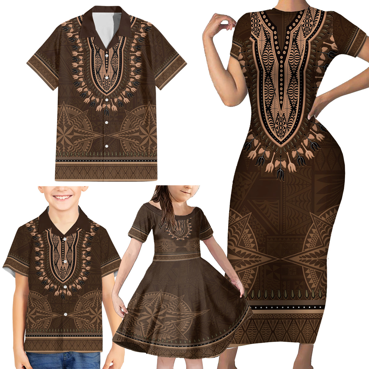 Brown African Dashiki With Tonga Ngatu Pattern Family Matching Short Sleeve Bodycon Dress and Hawaiian Shirt LT14 - Polynesian Pride