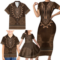 Brown African Dashiki With Tonga Ngatu Pattern Family Matching Short Sleeve Bodycon Dress and Hawaiian Shirt LT14 - Polynesian Pride
