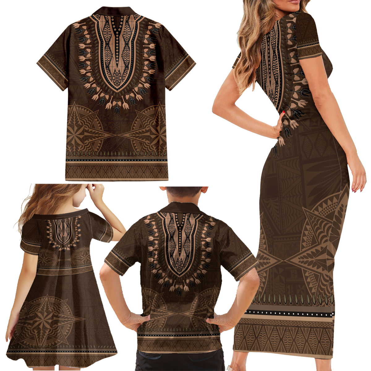 Brown African Dashiki With Tonga Ngatu Pattern Family Matching Short Sleeve Bodycon Dress and Hawaiian Shirt LT14 - Polynesian Pride