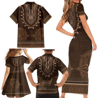 Brown African Dashiki With Tonga Ngatu Pattern Family Matching Short Sleeve Bodycon Dress and Hawaiian Shirt LT14 - Polynesian Pride