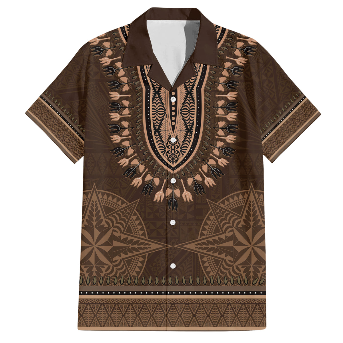 Brown African Dashiki With Tonga Ngatu Pattern Family Matching Short Sleeve Bodycon Dress and Hawaiian Shirt LT14 Dad's Shirt - Short Sleeve Brown - Polynesian Pride