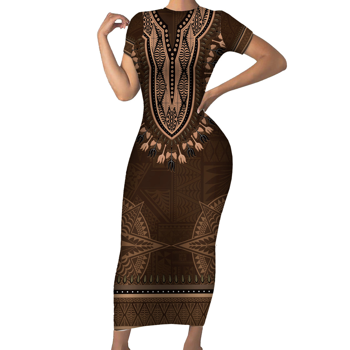 Brown African Dashiki With Tonga Ngatu Pattern Family Matching Short Sleeve Bodycon Dress and Hawaiian Shirt LT14 Mom's Dress Brown - Polynesian Pride
