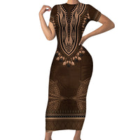 Brown African Dashiki With Tonga Ngatu Pattern Family Matching Short Sleeve Bodycon Dress and Hawaiian Shirt LT14 Mom's Dress Brown - Polynesian Pride