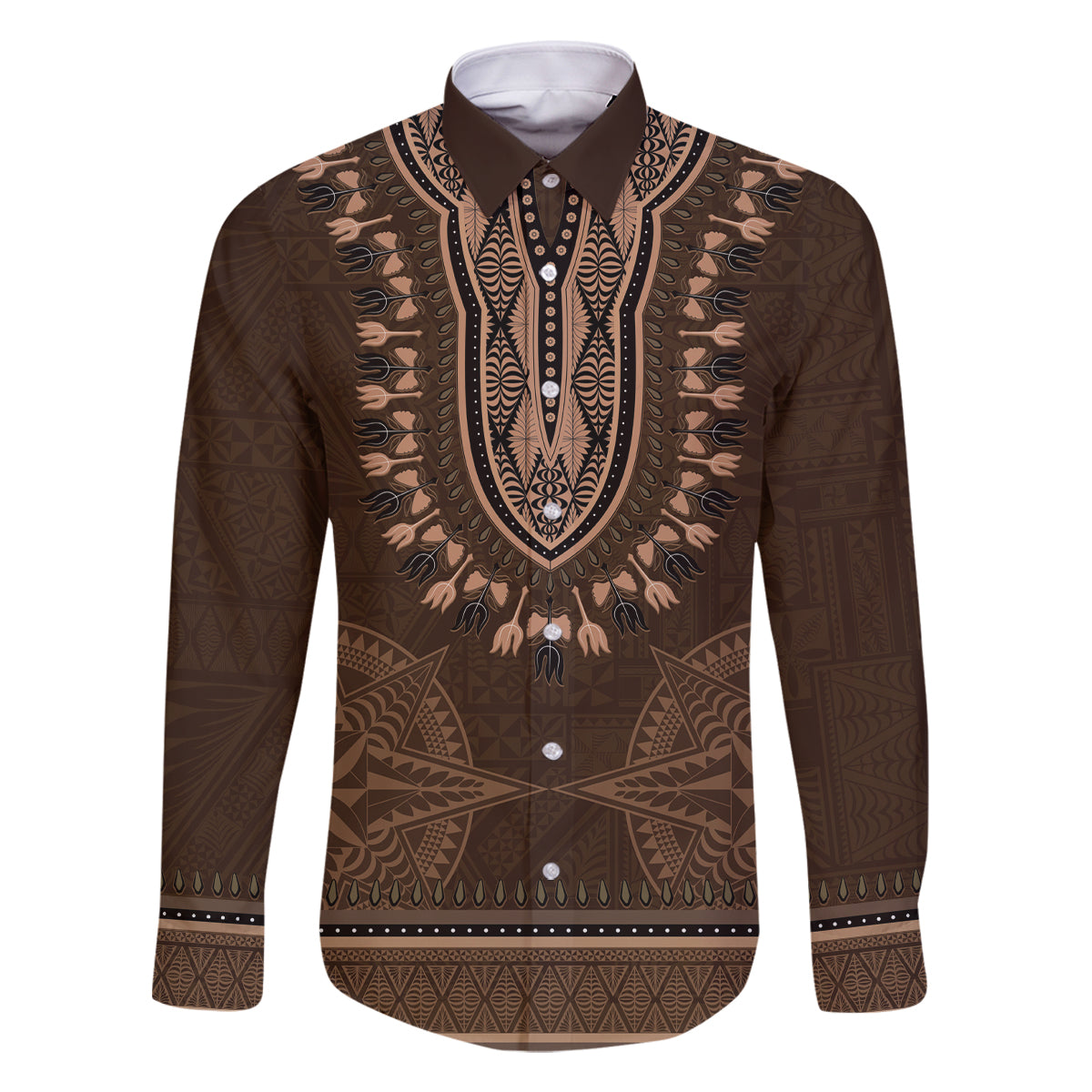Brown African Dashiki With Tonga Ngatu Pattern Family Matching Tank Maxi Dress and Hawaiian Shirt