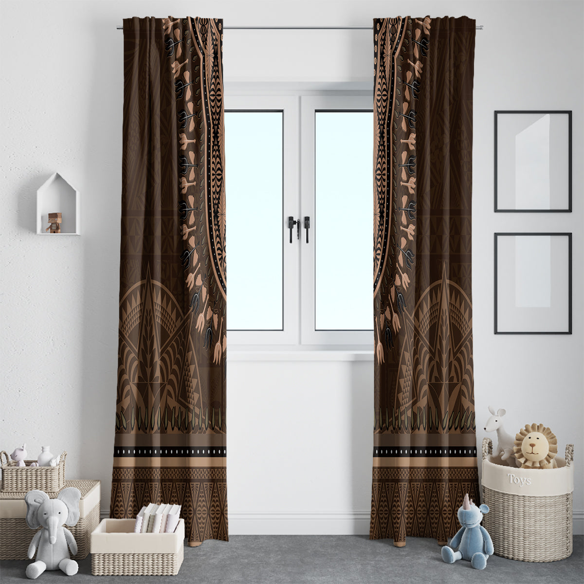 Brown African Dashiki With Tonga Ngatu Pattern Window Curtain