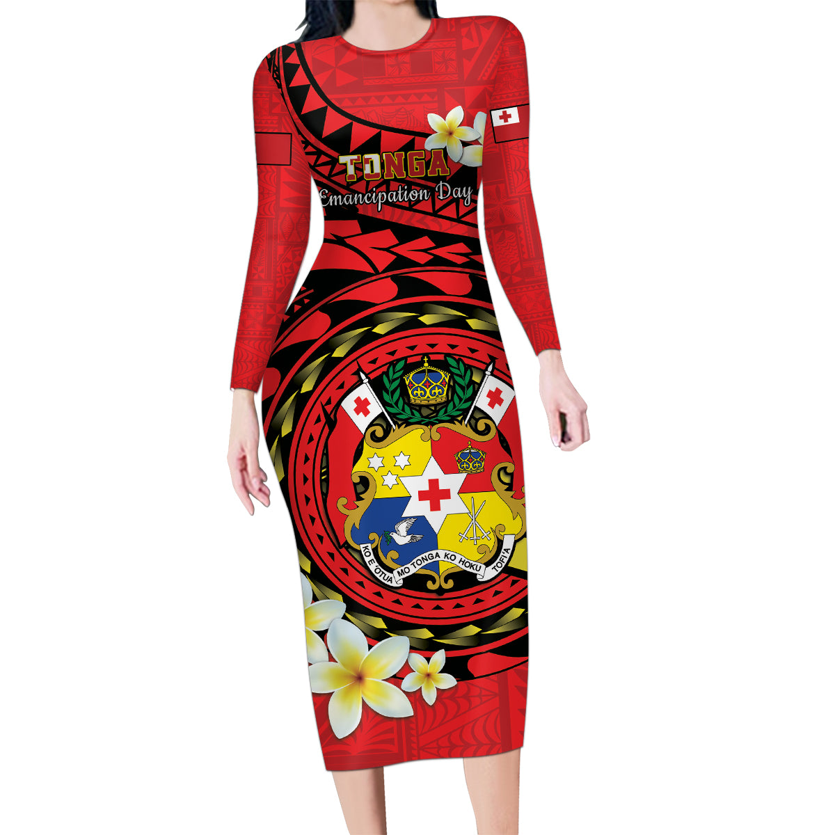 Personalised Tonga Emancipation Day Family Matching Long Sleeve Bodycon Dress and Hawaiian Shirt Tongan Ngatu Pattern - Red Version LT14 Mom's Dress Red - Polynesian Pride