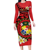 Personalised Tonga Emancipation Day Family Matching Long Sleeve Bodycon Dress and Hawaiian Shirt Tongan Ngatu Pattern - Red Version LT14 Mom's Dress Red - Polynesian Pride