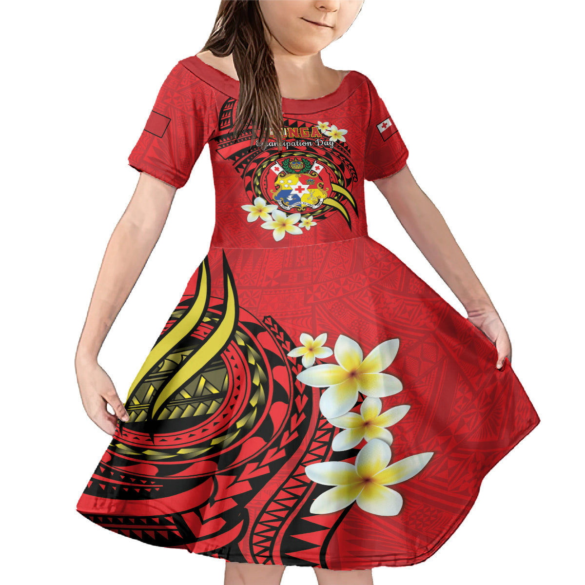 Personalised Tonga Emancipation Day Family Matching Mermaid Dress and Hawaiian Shirt Tongan Ngatu Pattern - Red Version LT14 Daughter's Dress Red - Polynesian Pride