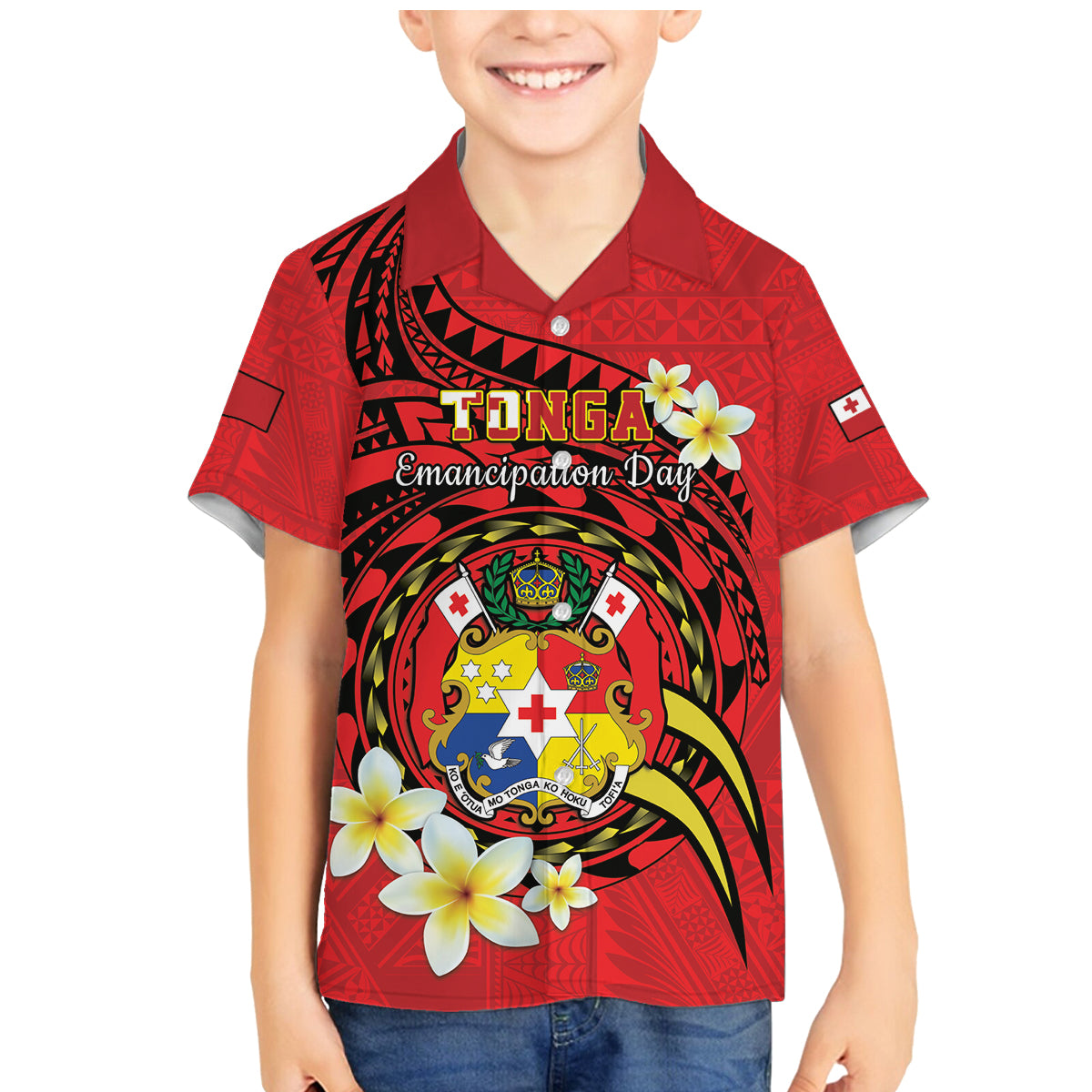 Personalised Tonga Emancipation Day Family Matching Mermaid Dress and Hawaiian Shirt Tongan Ngatu Pattern - Red Version LT14 Son's Shirt Red - Polynesian Pride