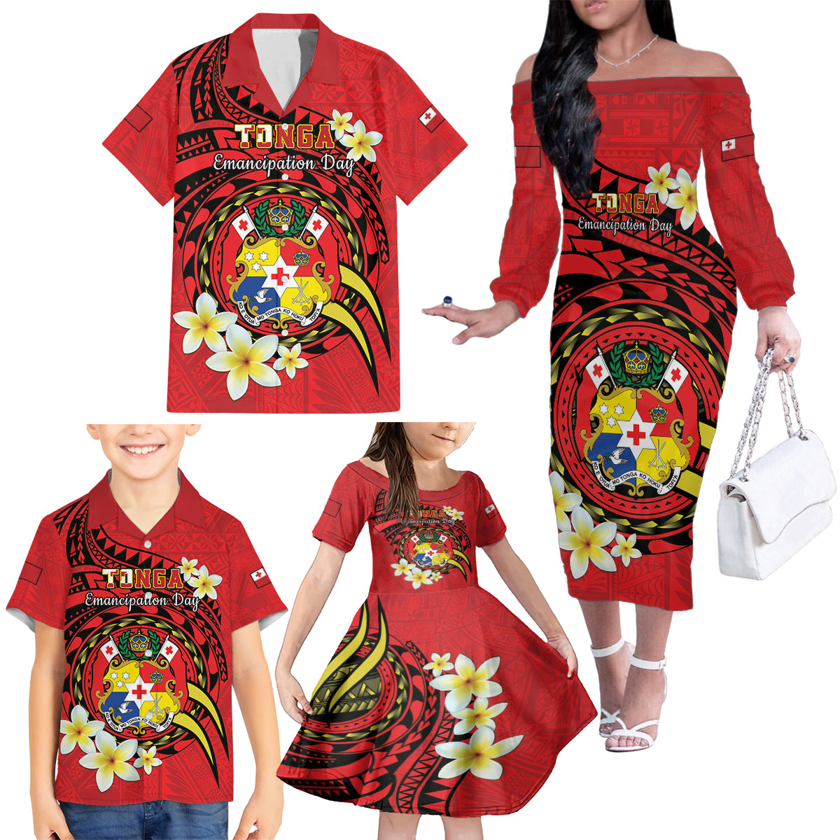 Personalised Tonga Emancipation Day Family Matching Off The Shoulder Long Sleeve Dress and Hawaiian Shirt Tongan Ngatu Pattern - Red Version LT14 - Polynesian Pride