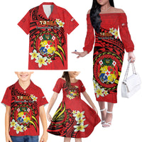 Personalised Tonga Emancipation Day Family Matching Off The Shoulder Long Sleeve Dress and Hawaiian Shirt Tongan Ngatu Pattern - Red Version LT14 - Polynesian Pride