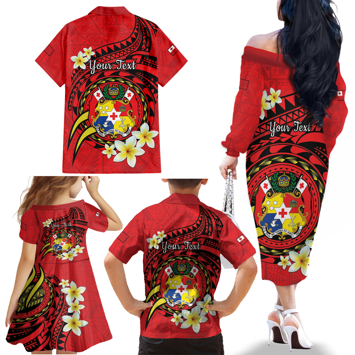 Personalised Tonga Emancipation Day Family Matching Off The Shoulder Long Sleeve Dress and Hawaiian Shirt Tongan Ngatu Pattern - Red Version LT14 - Polynesian Pride