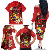 Personalised Tonga Emancipation Day Family Matching Off The Shoulder Long Sleeve Dress and Hawaiian Shirt Tongan Ngatu Pattern - Red Version LT14 - Polynesian Pride