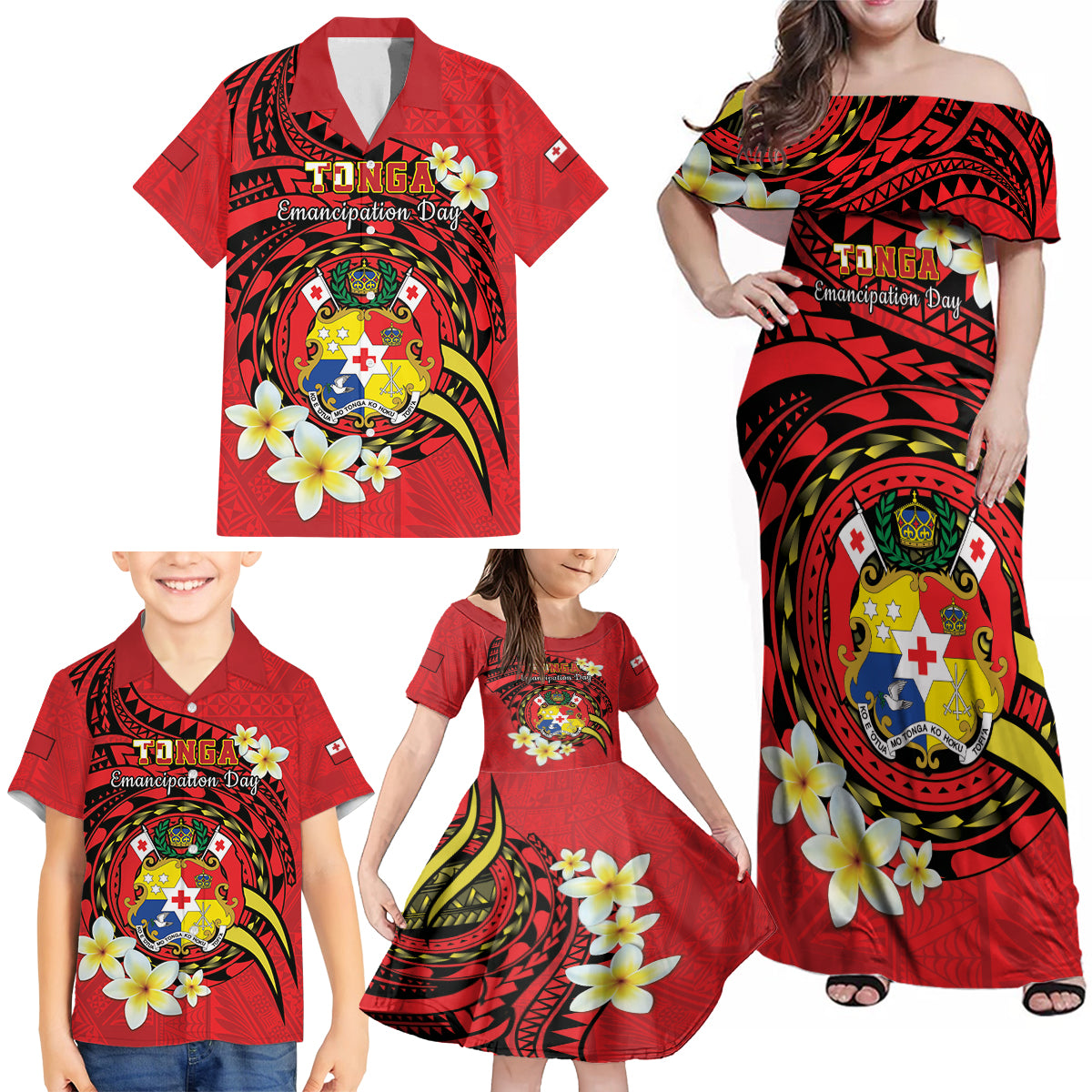 Personalised Tonga Emancipation Day Family Matching Off Shoulder Maxi Dress and Hawaiian Shirt Tongan Ngatu Pattern - Red Version LT14 - Polynesian Pride