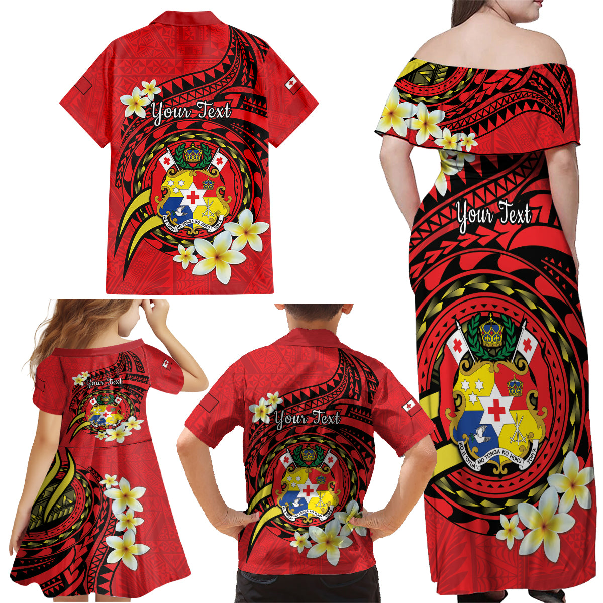 Personalised Tonga Emancipation Day Family Matching Off Shoulder Maxi Dress and Hawaiian Shirt Tongan Ngatu Pattern - Red Version LT14 - Polynesian Pride