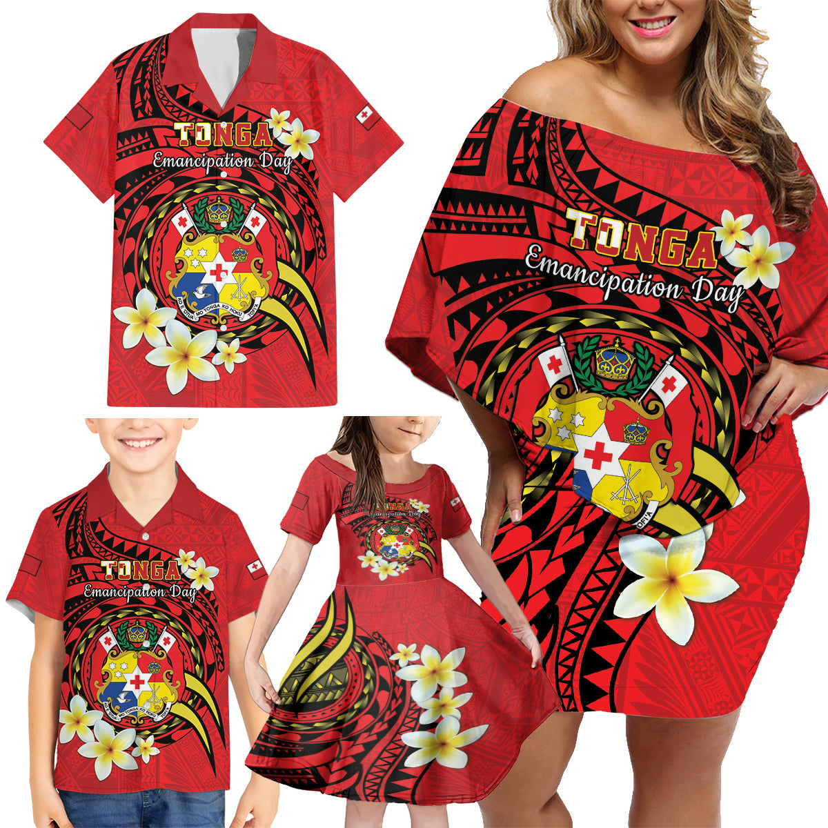 Personalised Tonga Emancipation Day Family Matching Off Shoulder Short Dress and Hawaiian Shirt Tongan Ngatu Pattern - Red Version LT14 - Polynesian Pride