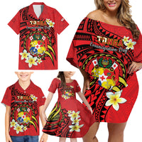 Personalised Tonga Emancipation Day Family Matching Off Shoulder Short Dress and Hawaiian Shirt Tongan Ngatu Pattern - Red Version LT14 - Polynesian Pride
