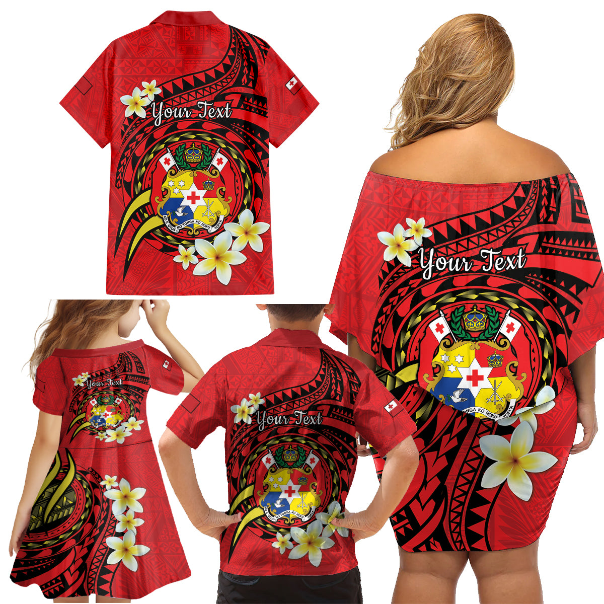 Personalised Tonga Emancipation Day Family Matching Off Shoulder Short Dress and Hawaiian Shirt Tongan Ngatu Pattern - Red Version LT14 - Polynesian Pride