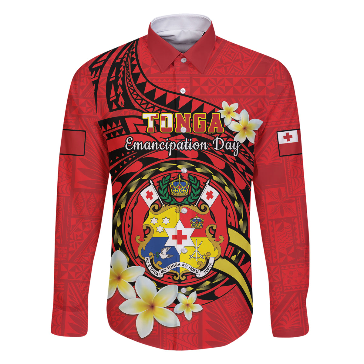 Personalised Tonga Emancipation Day Family Matching Off Shoulder Short Dress and Hawaiian Shirt Tongan Ngatu Pattern - Red Version LT14 Dad's Shirt - Long Sleeve Red - Polynesian Pride