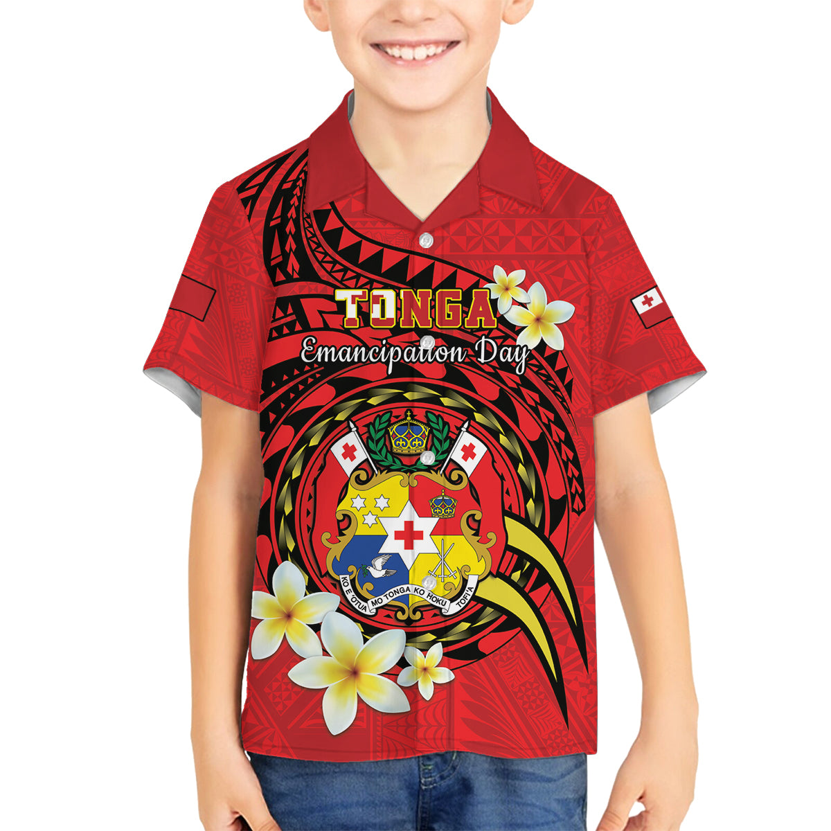 Personalised Tonga Emancipation Day Family Matching Off Shoulder Short Dress and Hawaiian Shirt Tongan Ngatu Pattern - Red Version LT14 Son's Shirt Red - Polynesian Pride