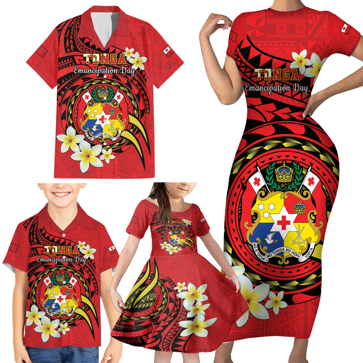 Personalised Tonga Emancipation Day Family Matching Short Sleeve Bodycon Dress and Hawaiian Shirt Tongan Ngatu Pattern - Red Version LT14 - Polynesian Pride