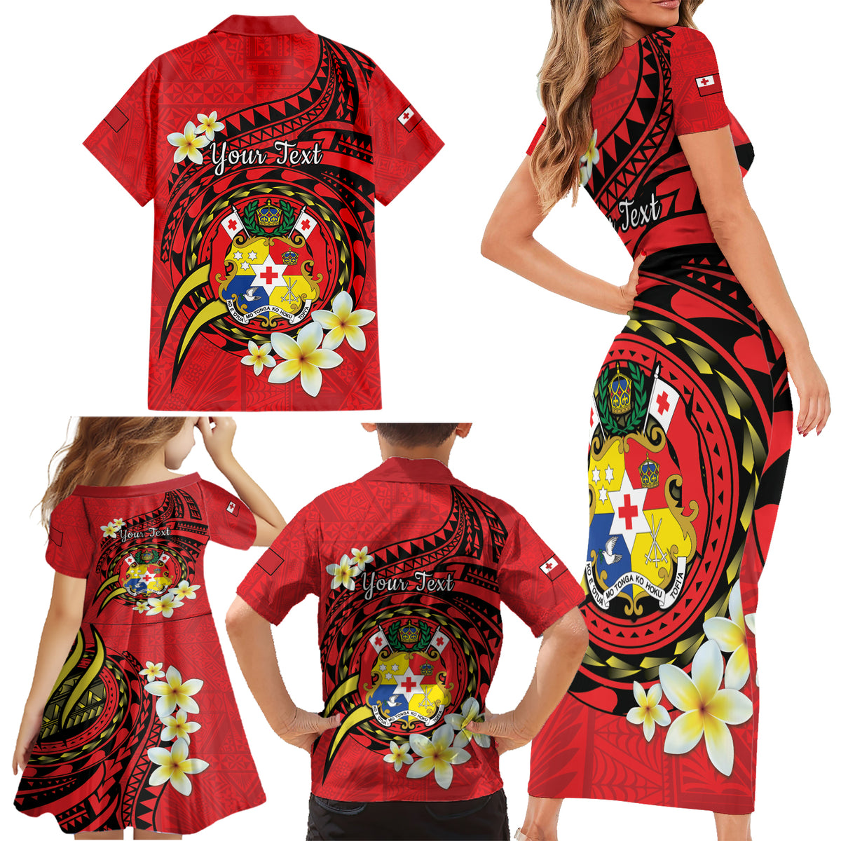 Personalised Tonga Emancipation Day Family Matching Short Sleeve Bodycon Dress and Hawaiian Shirt Tongan Ngatu Pattern - Red Version LT14 - Polynesian Pride