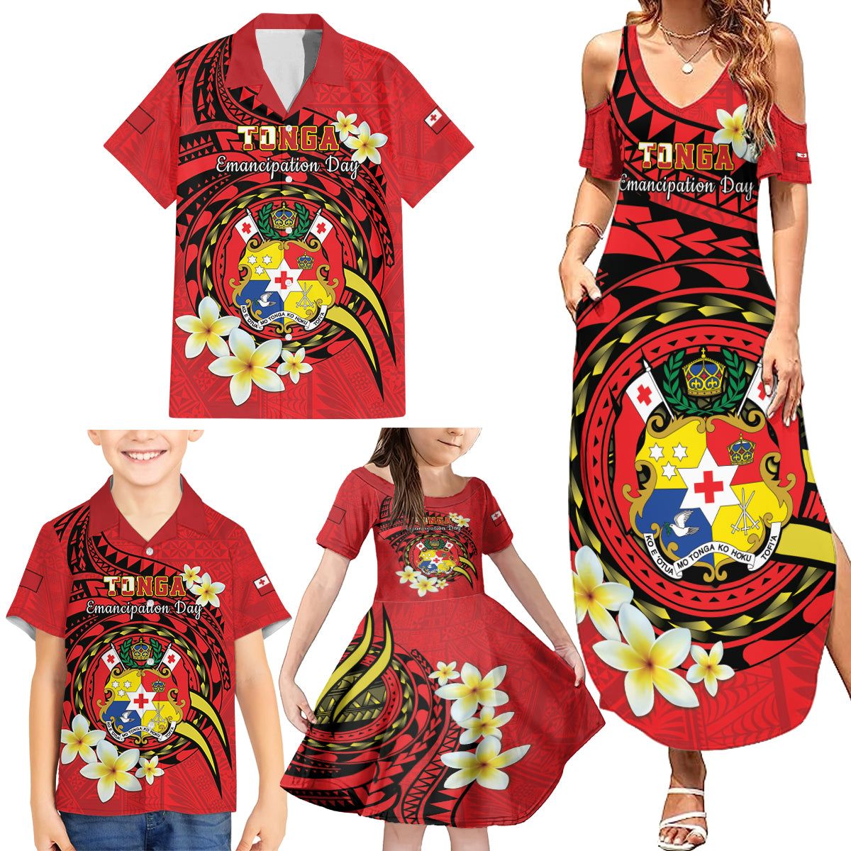 Personalised Tonga Emancipation Day Family Matching Summer Maxi Dress and Hawaiian Shirt Tongan Ngatu Pattern - Red Version LT14 - Polynesian Pride