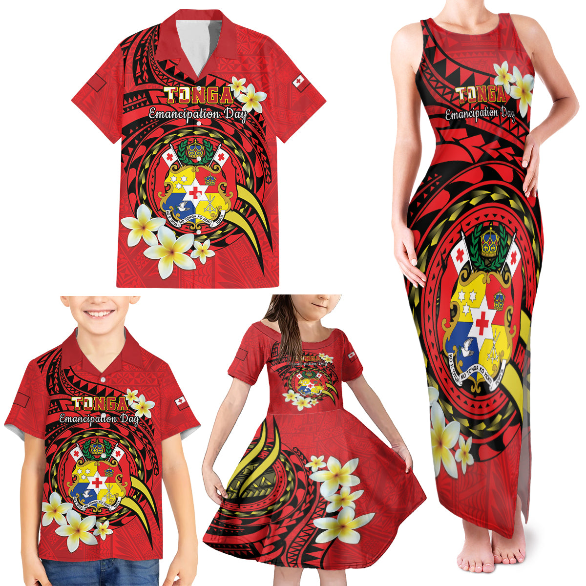Personalised Tonga Emancipation Day Family Matching Tank Maxi Dress and Hawaiian Shirt Tongan Ngatu Pattern - Red Version LT14 - Polynesian Pride