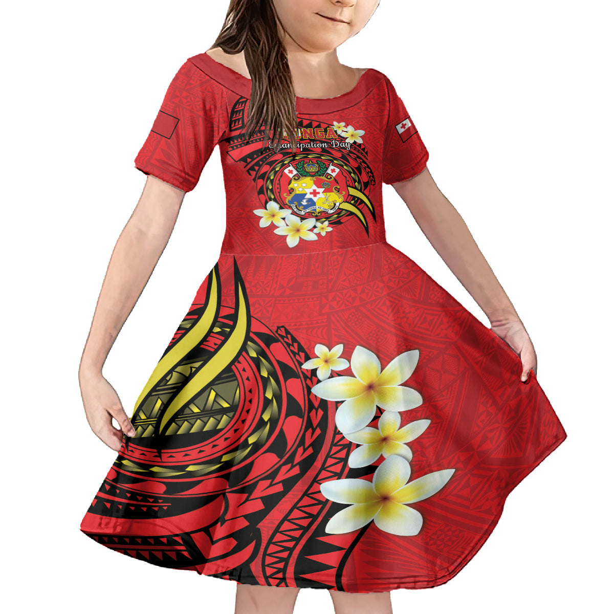 Personalised Tonga Emancipation Day Kid Short Sleeve Dress Tongan Ngatu Pattern - Red Version LT14 KID Red - Polynesian Pride
