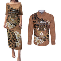 Personalised Tonga Emancipation Day Couples Matching Puletasi and Long Sleeve Button Shirt Tongan Ngatu Pattern - Brown Version LT14 Brown - Polynesian Pride