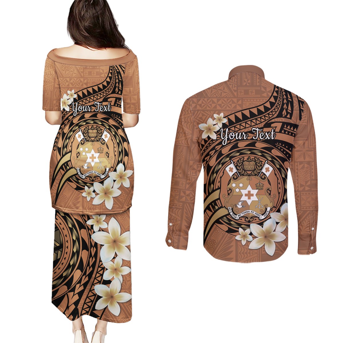 Personalised Tonga Emancipation Day Couples Matching Puletasi and Long Sleeve Button Shirt Tongan Ngatu Pattern - Brown Version LT14 - Polynesian Pride