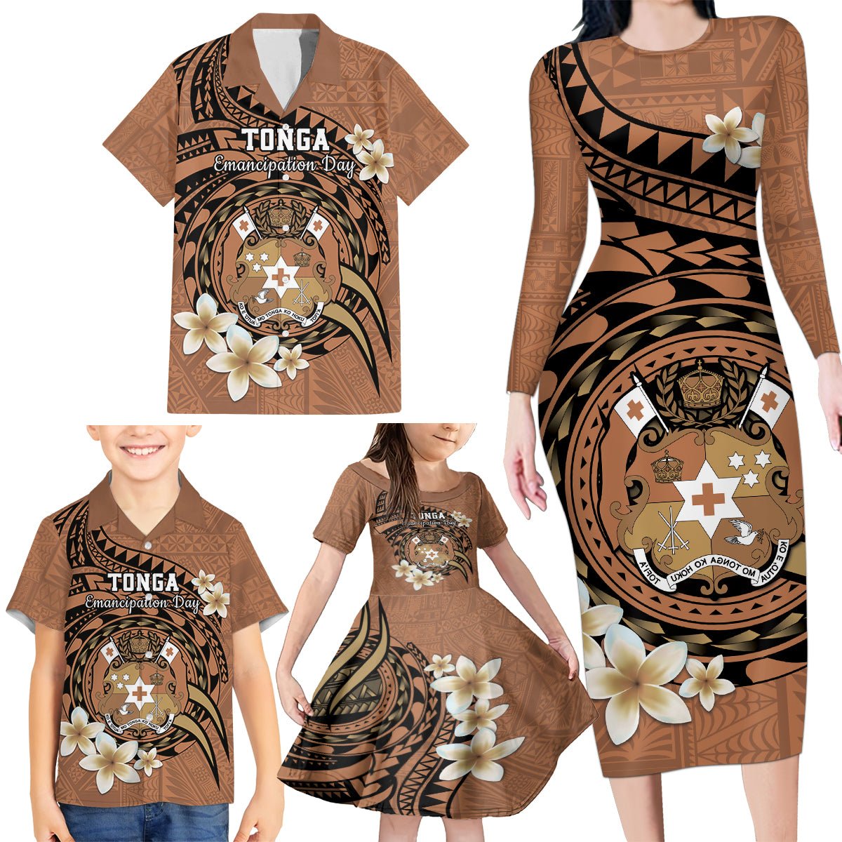 Personalised Tonga Emancipation Day Family Matching Long Sleeve Bodycon Dress and Hawaiian Shirt Tongan Ngatu Pattern - Brown Version LT14 - Polynesian Pride