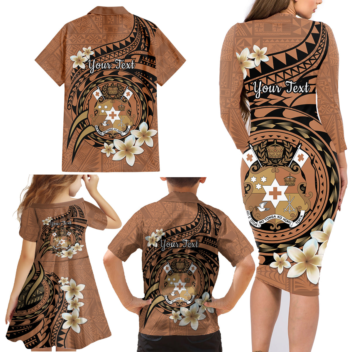 Personalised Tonga Emancipation Day Family Matching Long Sleeve Bodycon Dress and Hawaiian Shirt Tongan Ngatu Pattern - Brown Version LT14 - Polynesian Pride