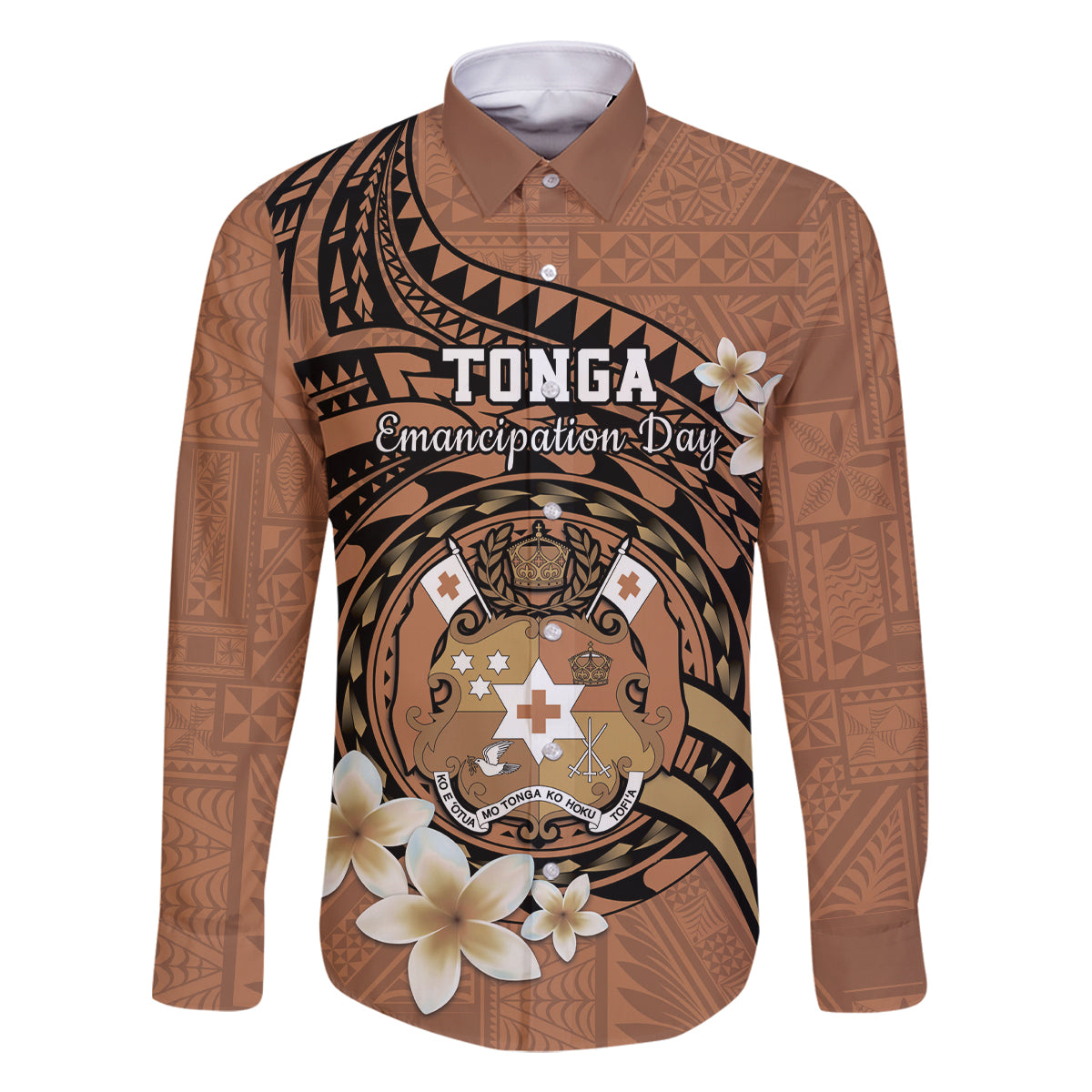 Personalised Tonga Emancipation Day Family Matching Long Sleeve Bodycon Dress and Hawaiian Shirt Tongan Ngatu Pattern - Brown Version LT14 Dad's Shirt - Long Sleeve Brown - Polynesian Pride